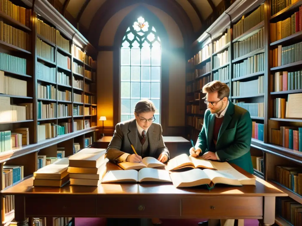 Grupo de académicos en una biblioteca vintage, discutiendo con pasión