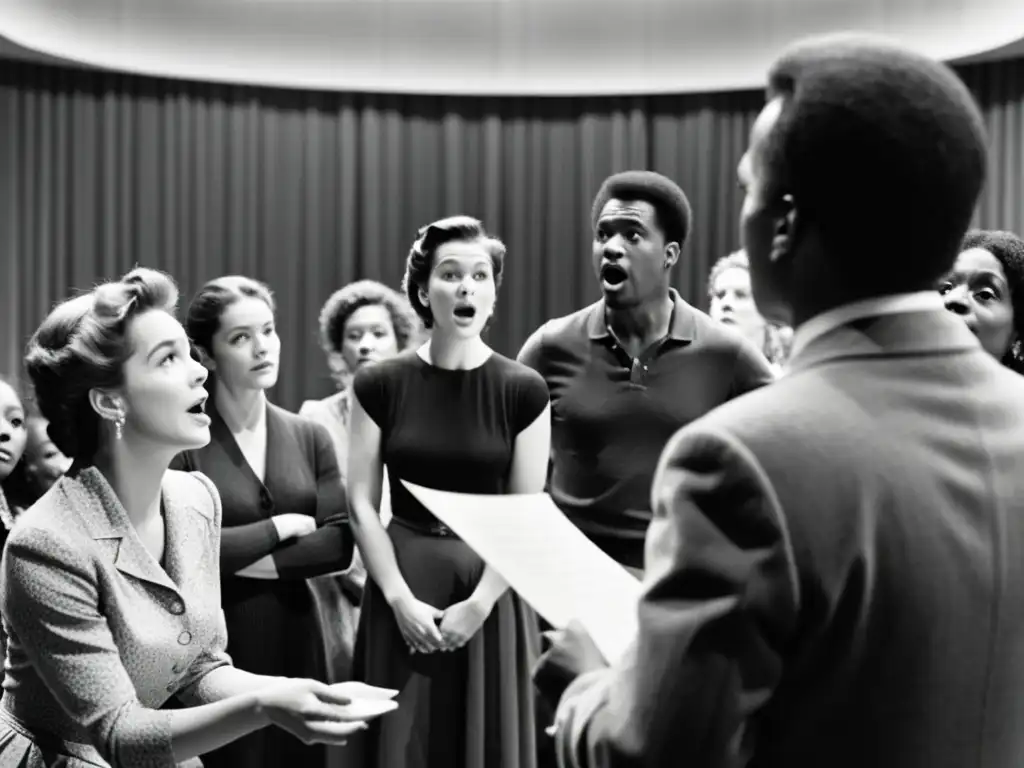 Grupo de actores y actrices practicando enunciación con un consultor lingüístico en teatro, exudando dedicación y precisión artística