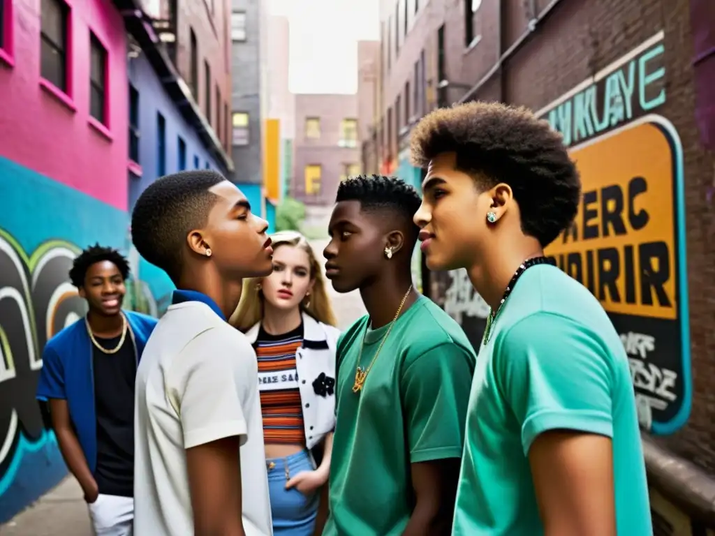 Un grupo de adolescentes en un callejón urbano, con moda vintage y actitud segura, conversando animadamente