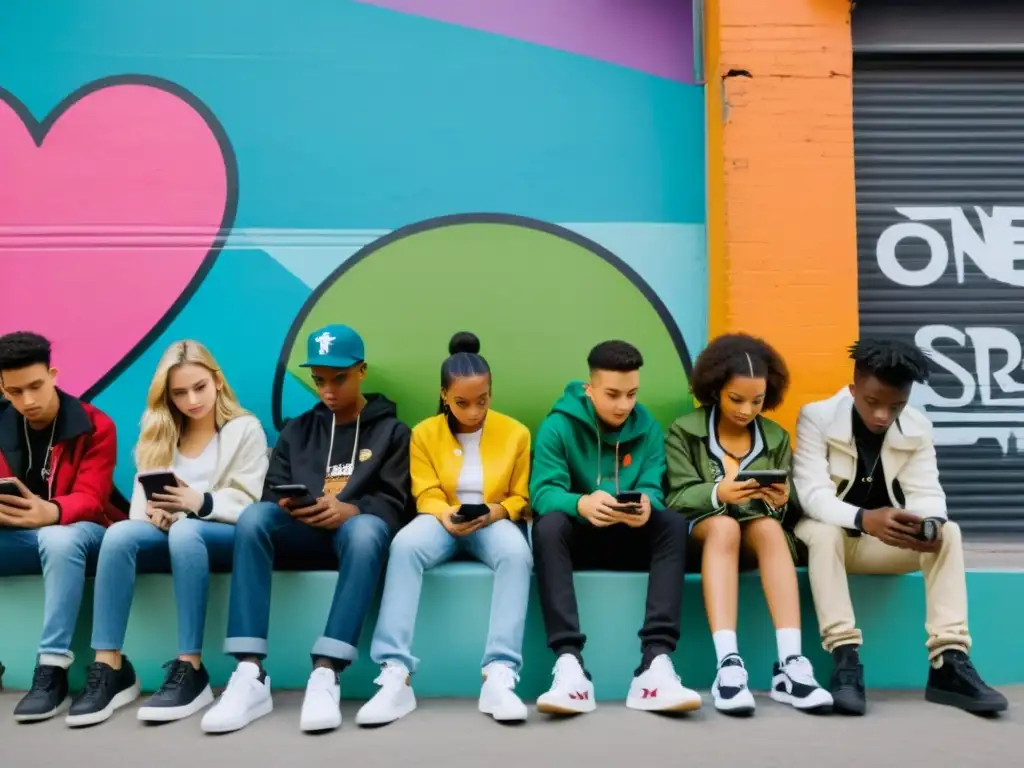 Un grupo de adolescentes en la ciudad, inmersos en sus teléfonos, rodeados de arte callejero colorido que fusiona símbolos culturales