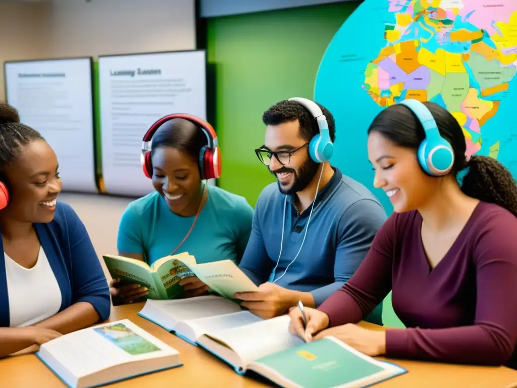 Un grupo de adultos diversos participa en una inmersión total para aprender idiomas, rodeados de materiales vibrantes y conversaciones animadas