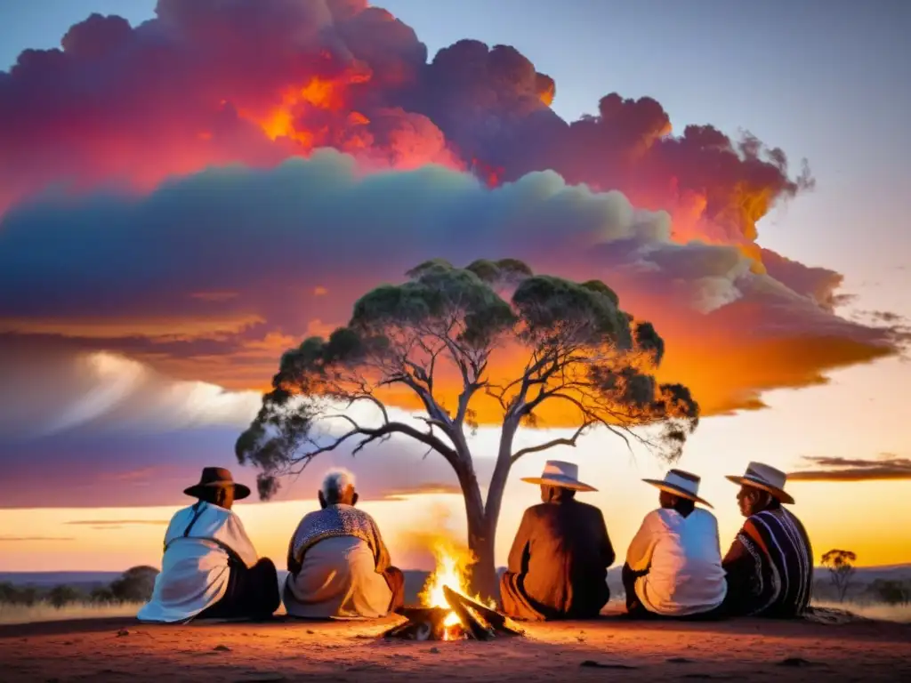 Grupo de ancianos aborígenes australianos reunidos alrededor de una fogata, reflejando sabiduría ancestral y conexión con la tierra