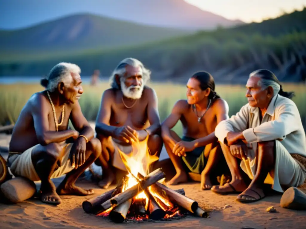 Un grupo de ancianos aborígenes se reúne alrededor de una fogata, compartiendo historias y sabiduría