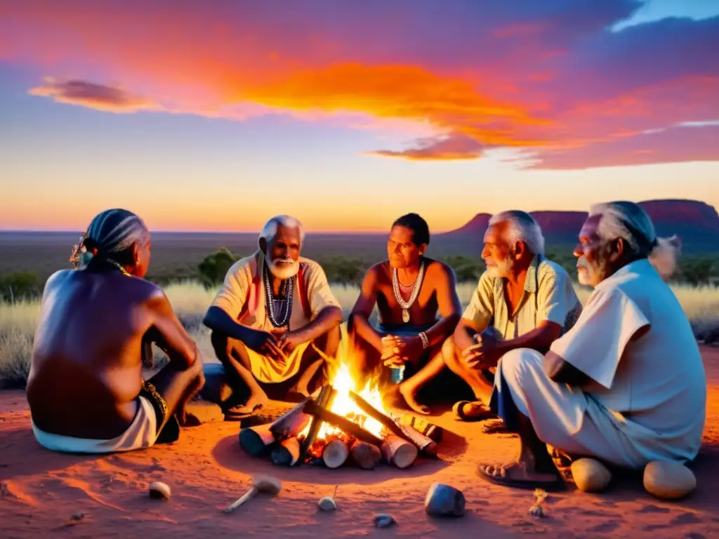 Grupo de ancianos aborígenes reunidos alrededor de una fogata en el outback australiano, compartiendo sabiduría y tradición