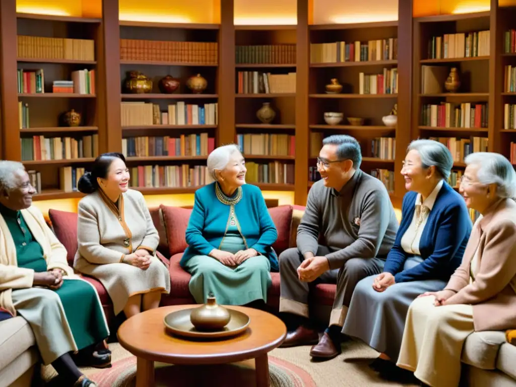 Un grupo de ancianos conversa animadamente en un acogedor salón lleno de libros y objetos culturales