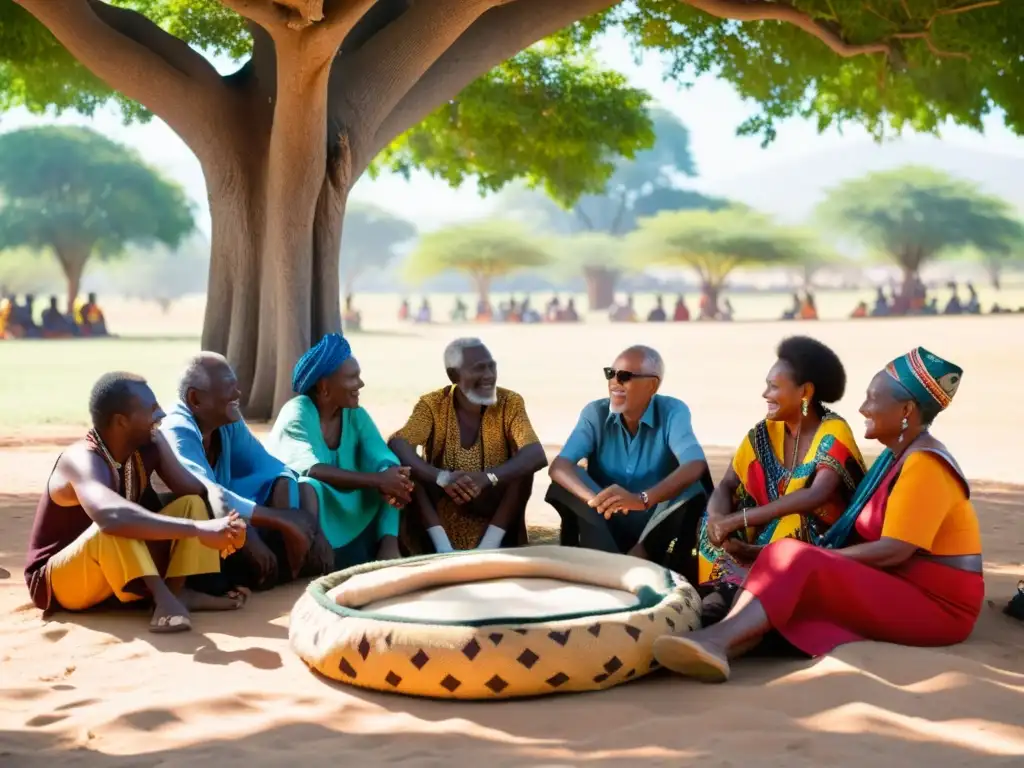 Grupo de ancianos africanos conversando bajo un árbol, rodeados de textiles y música tradicional