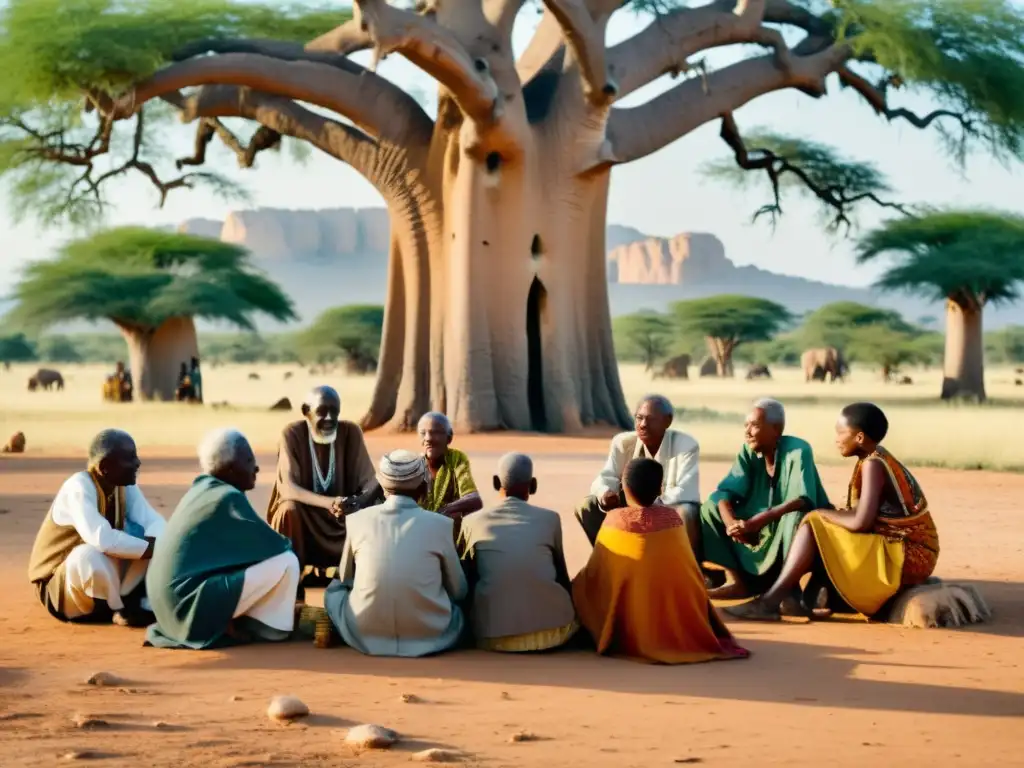 Un grupo de ancianos africanos se reúne bajo un baobab, conversando animadamente