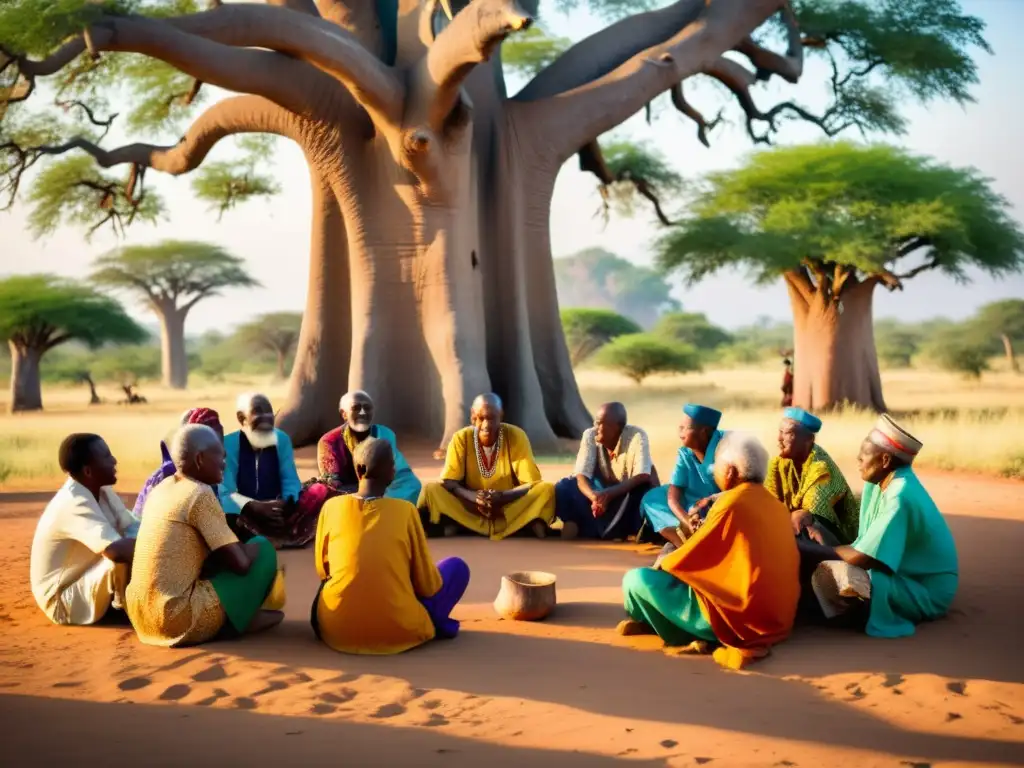 Un grupo de ancianos africanos se reúne bajo un baobab, vestidos con colores vibrantes, inmersos en una sesión de poesía bantú tradicional africana