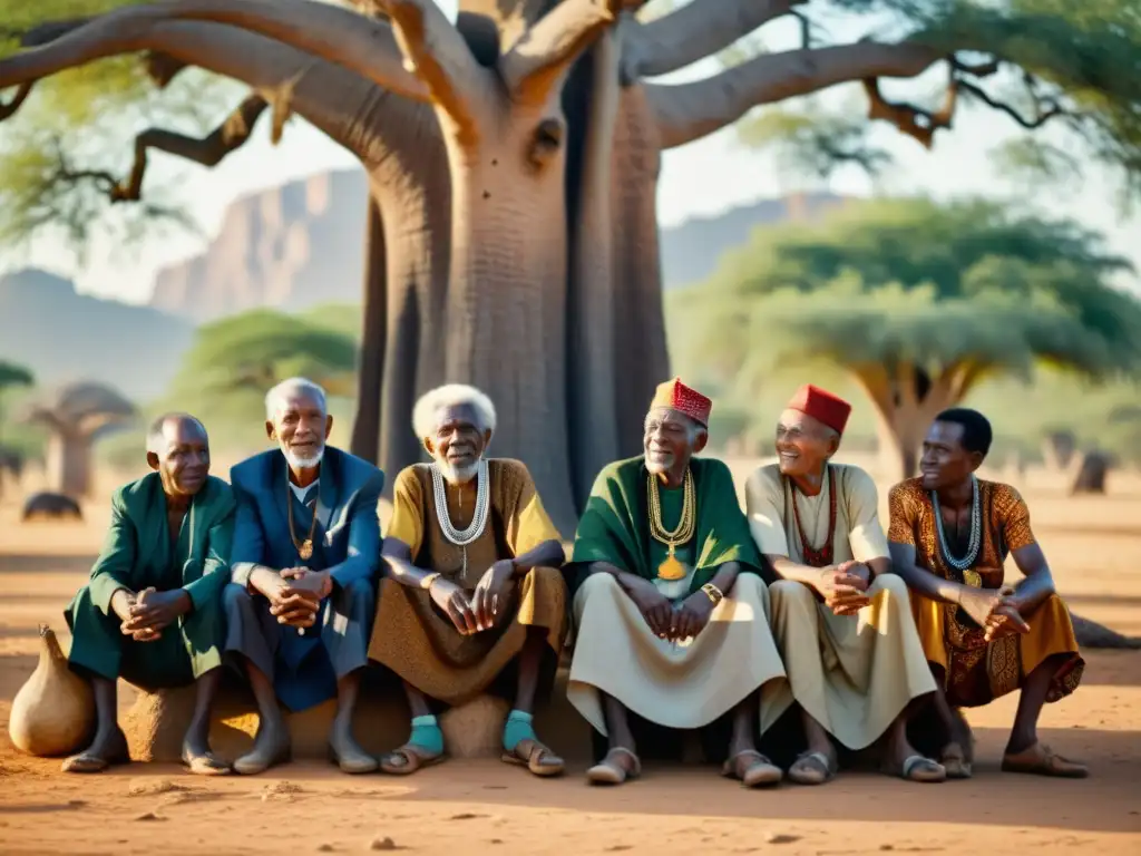 Un grupo de ancianos africanos se reúne bajo un baobab, con sus atuendos tradicionales y rostros marcados