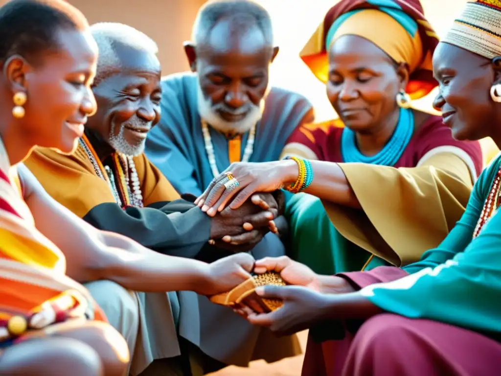 Grupo de ancianos africanos en ceremonia, vistiendo atuendos tradicionales, en un cálido atardecer