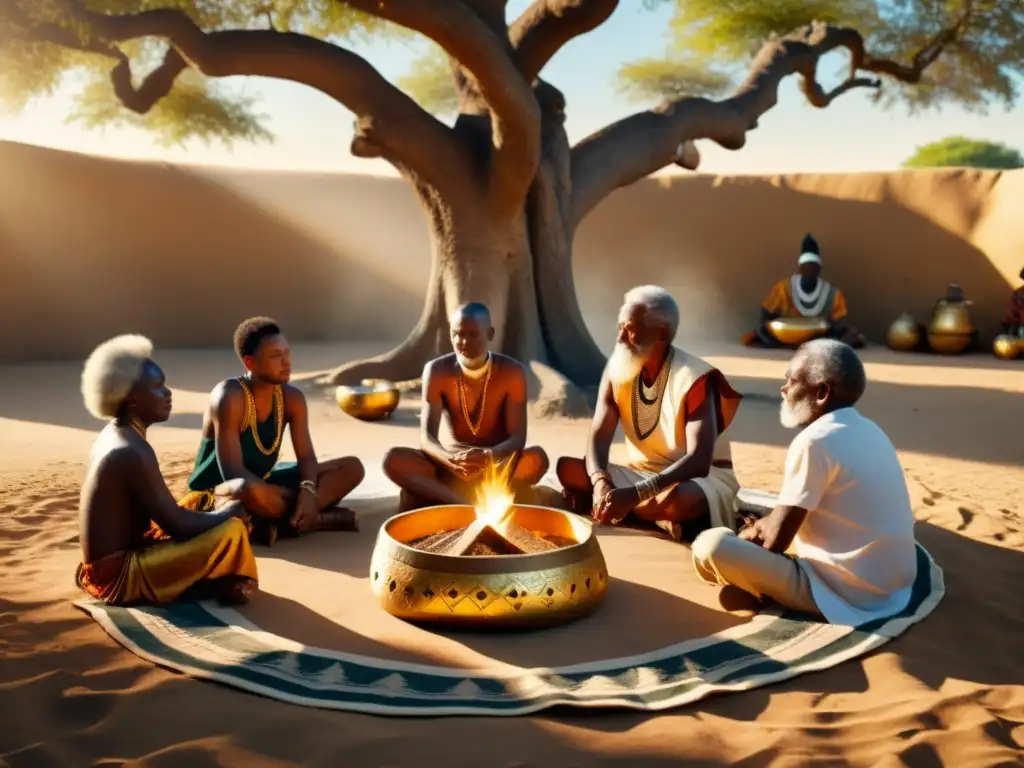 Un grupo de ancianos africanos se reúnen en un ritual espiritual bajo un árbol, rodeados de objetos simbólicos