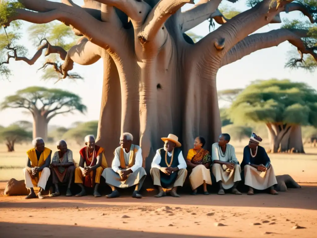 Un grupo de ancianos africanos conversa bajo la sombra de un baobab, con expresiones sabias