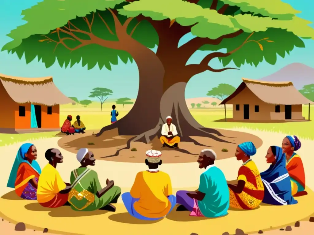 Un grupo de ancianos africanos vestidos con telas coloridas, sentados en círculo bajo un árbol, teniendo una animada discusión