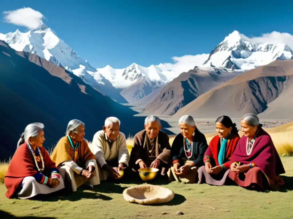 Grupo de ancianos Aimaras en ritual tradicional, rodeados de la majestuosa cordillera andina, transmitiendo la resistencia del idioma Aimara