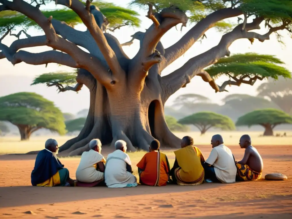 Un grupo de ancianos Bantúes conversa bajo un árbol centenario