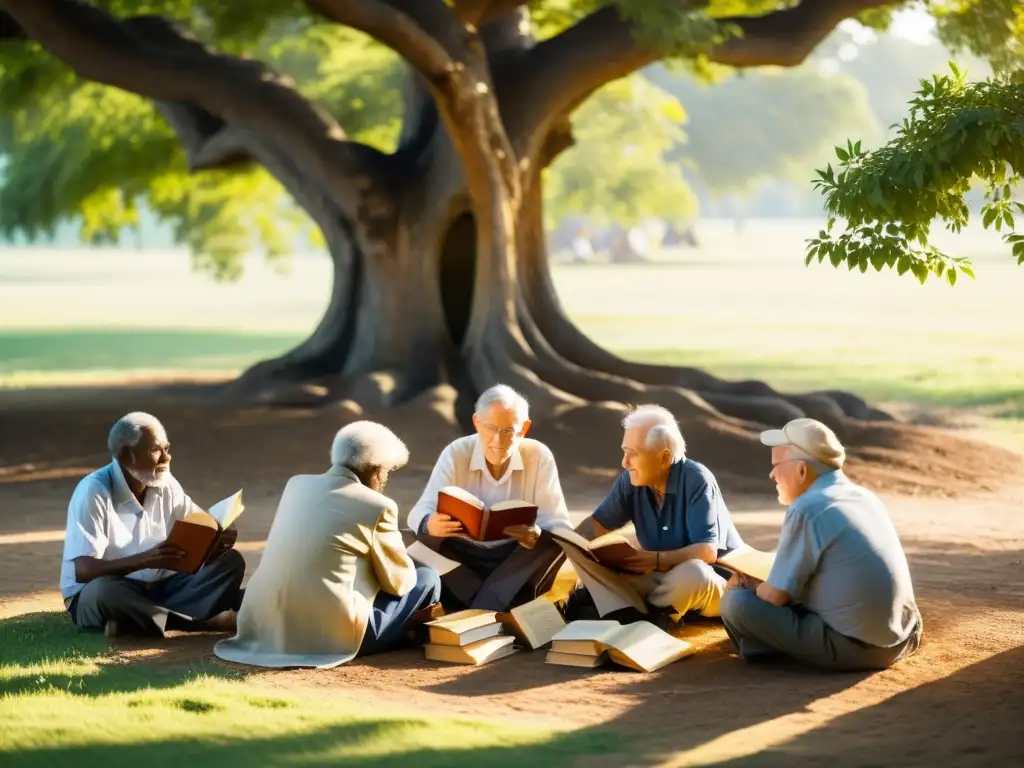 Un grupo de ancianos se reúne bajo un árbol, compartiendo historias y sabiduría, mientras sostienen libros desgastados y manuscritos