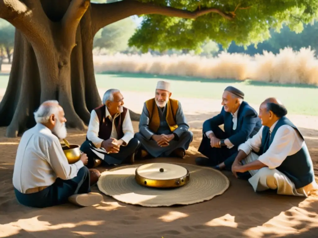 Un grupo de ancianos conversa bajo un árbol, rodeados de artefactos antiguos y instrumentos musicales, mientras la luz del sol ilumina la escena