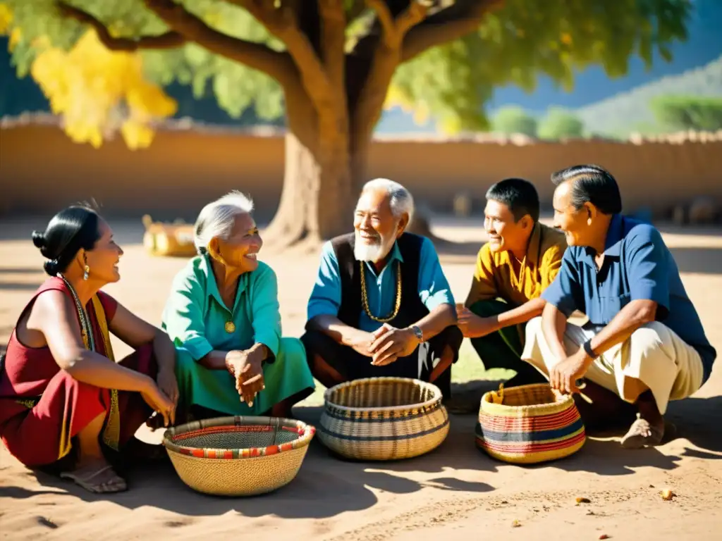 Grupo de ancianos de la comunidad Lolo debatiendo bajo un árbol, rodeados de cestas tejidas y artefactos antiguos