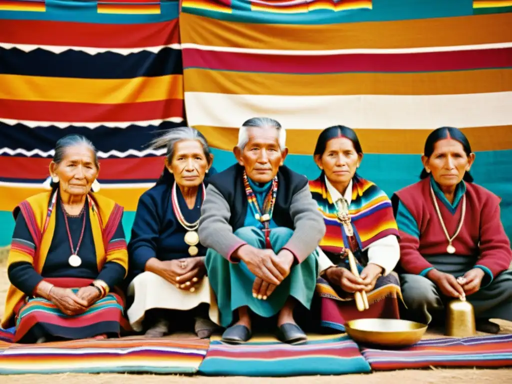 Un grupo de ancianos Aymara participa en un ritual tradicional, con textiles coloridos de fondo