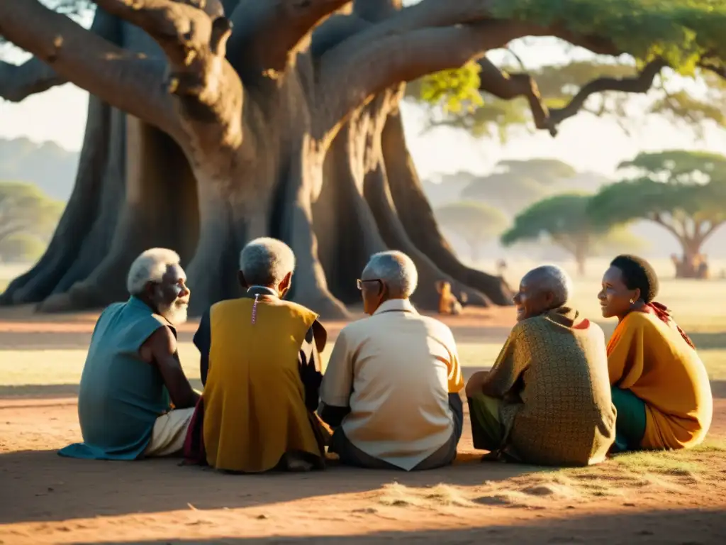 Un grupo de ancianos Bantúes se reúnen bajo un árbol centenario para conversar animadamente