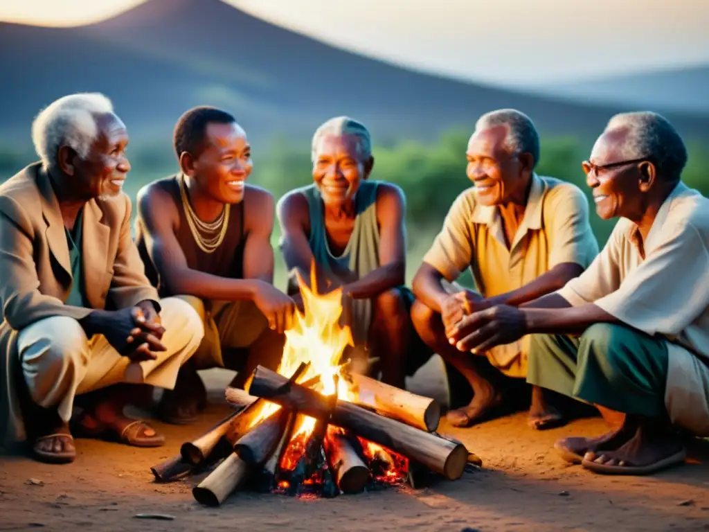 Un grupo de ancianos Bantúes se reúnen alrededor de una fogata, compartiendo historias y preservando dialectos bantúes minoritarios