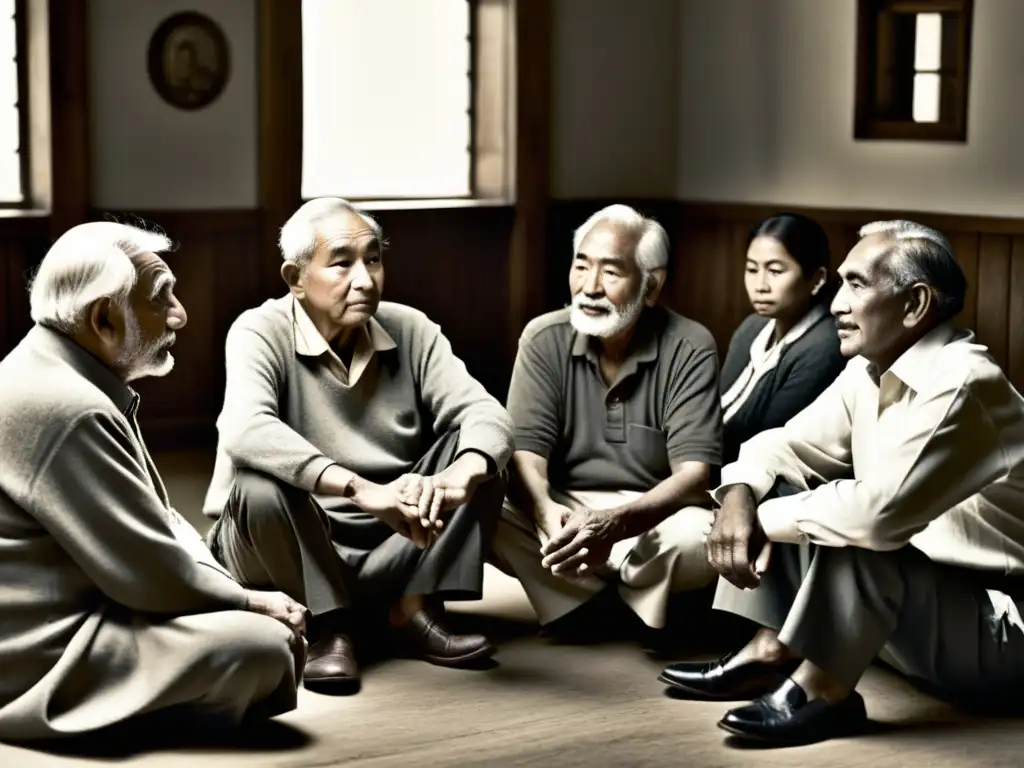 Un grupo de ancianos en un círculo, conversando con calidez en una habitación acogedora