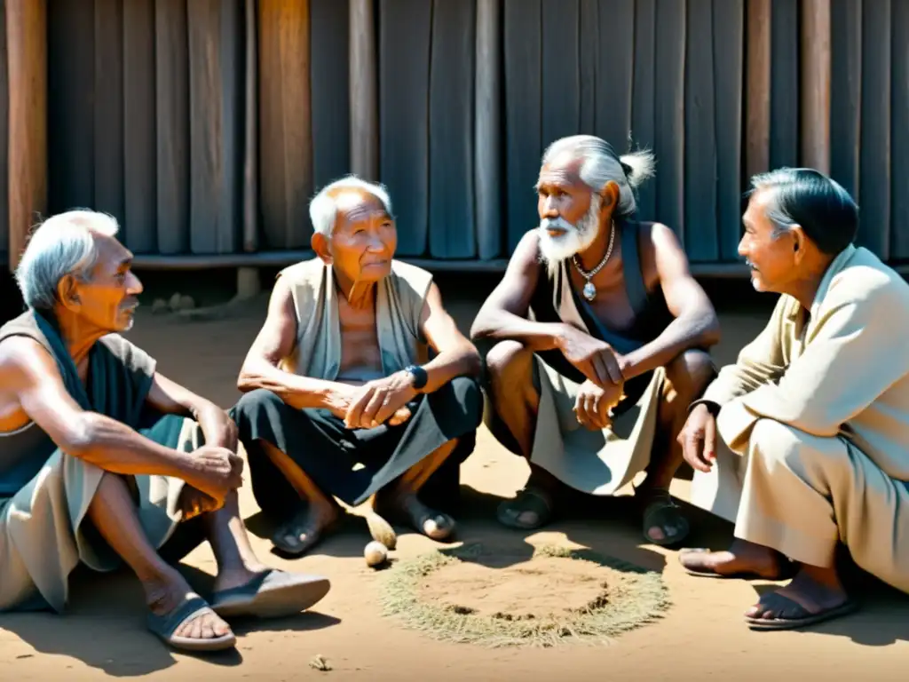 Grupo de ancianos en círculo, conversando animadamente en una comunidad rural