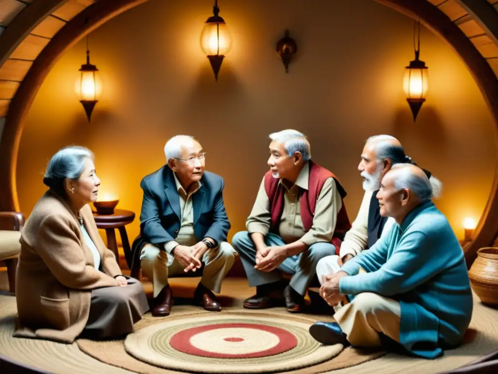 Un grupo de ancianos se sienta en círculo, conversando animadamente en un entorno rústico y acogedor