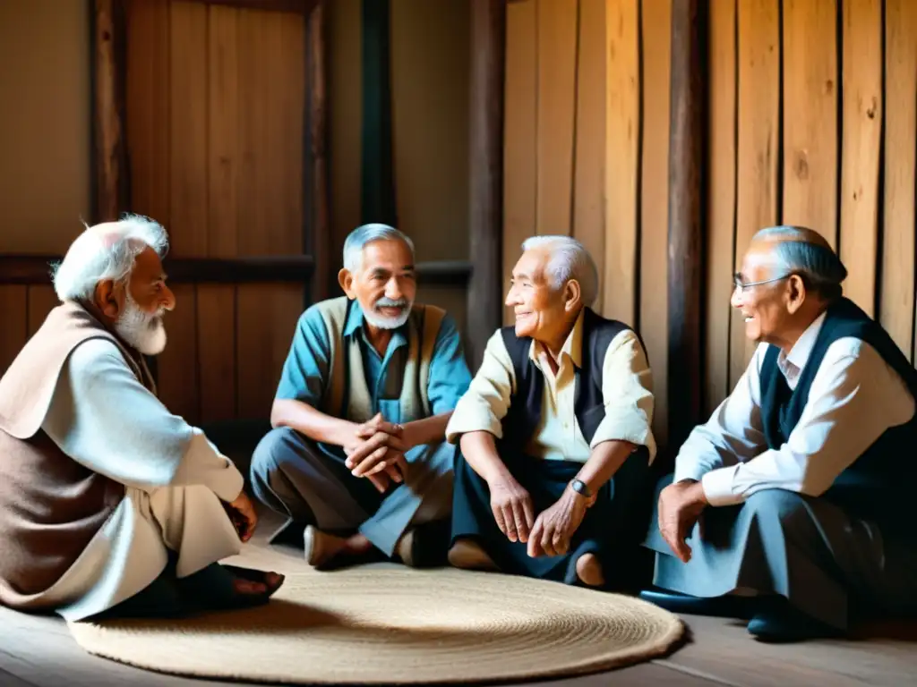 Un grupo de ancianos se reúne en un círculo, conversando animadamente en una habitación rústica y acogedora