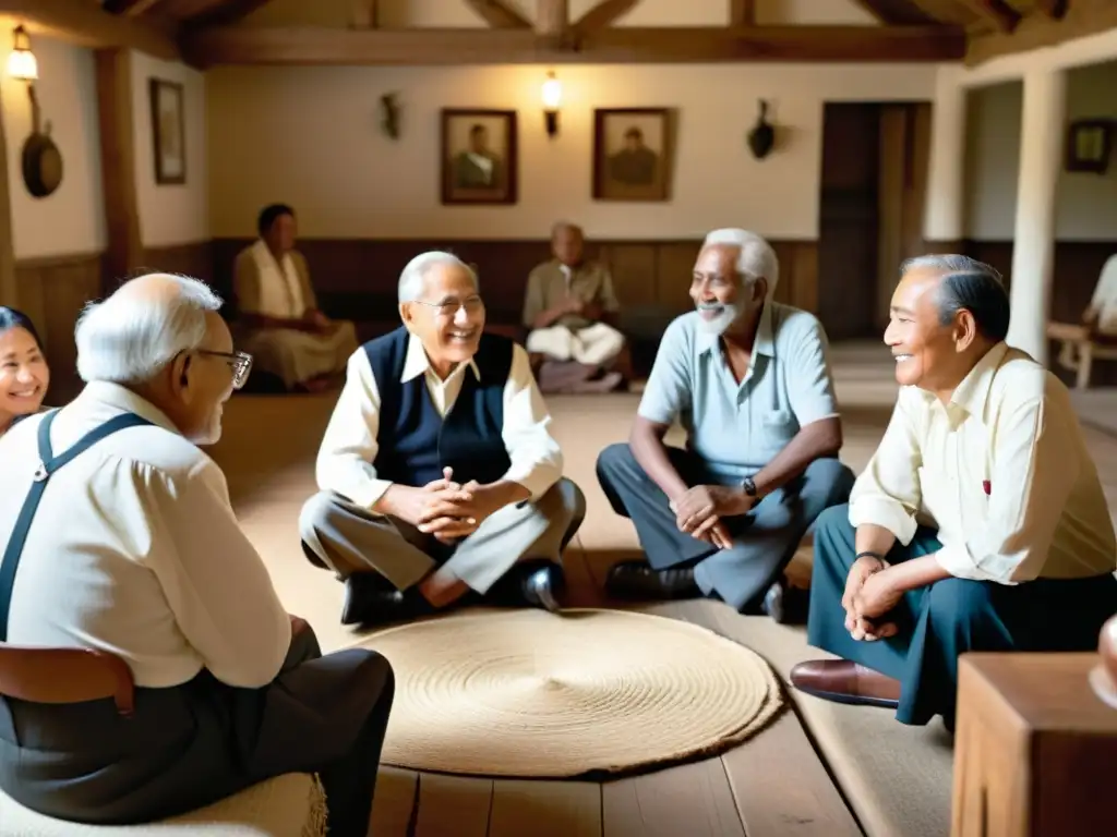 Grupo de ancianos en círculo, compartiendo historias y sabiduría en un ambiente tradicional