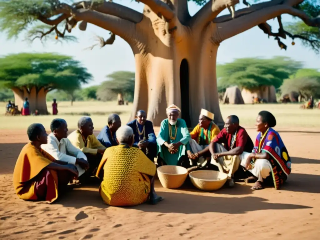 Un grupo de ancianos de una comunidad Bantú se reúne bajo un baobab, vestidos con trajes tradicionales, rodeados de instrumentos musicales y canastas