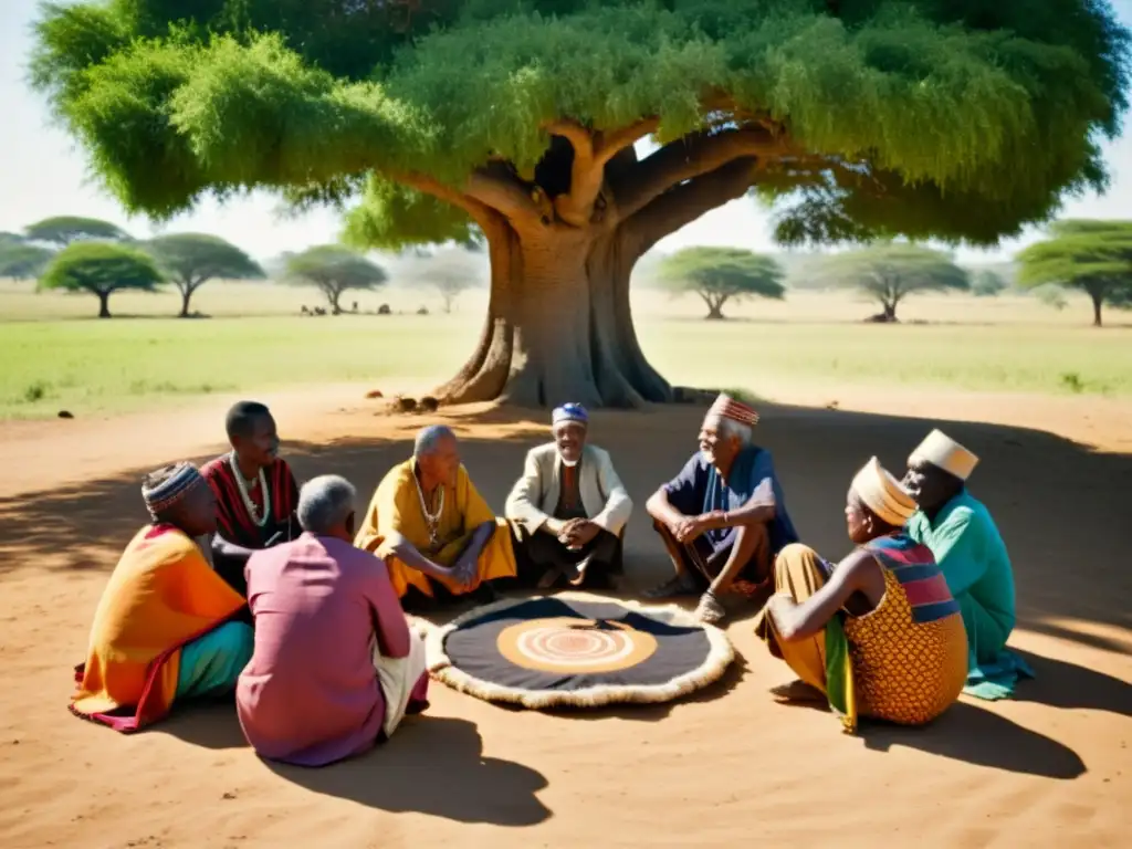 Grupo de ancianos de la comunidad Bantú bajo un árbol milenario, inmersos en una animada discusión