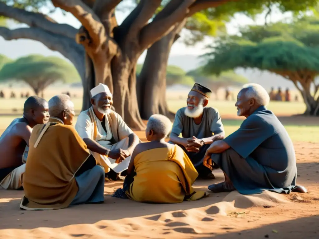 Un grupo de ancianos de la comunidad Bantú se reúne bajo un árbol centenario para compartir historias y sabiduría