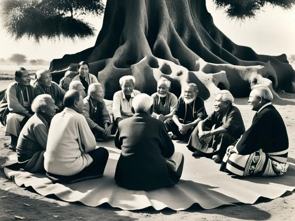 Grupo de ancianos de la comunidad Dong protegiendo su idioma bajo un árbol ancestral