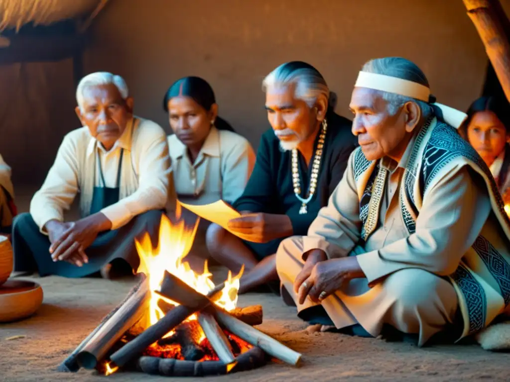 Grupo de ancianos de una comunidad indígena reunidos alrededor de una fogata, preservando lenguas raíces ancestrales con sabiduría y tradición