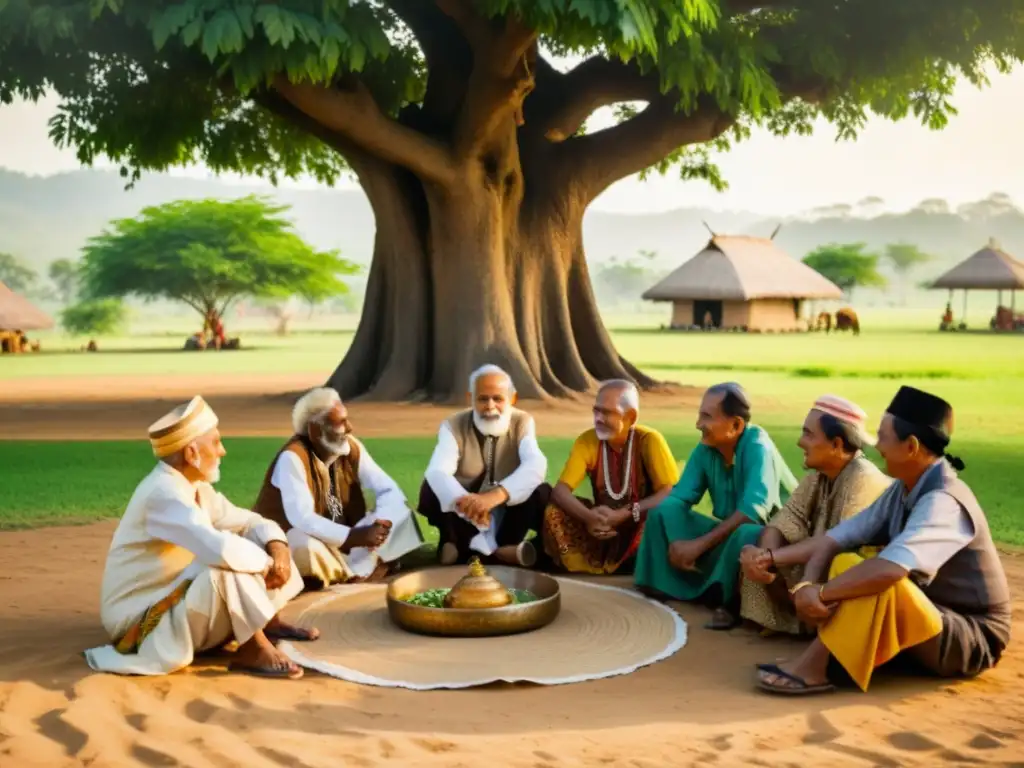 Un grupo de ancianos de una comunidad indoaria, conversando bajo un árbol