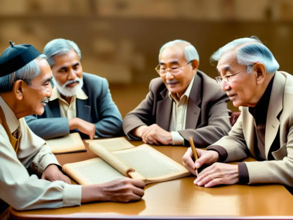 Un grupo de ancianos de una comunidad lingüística discuten mientras señalan materiales de enseñanza en tonos cálidos y sepia