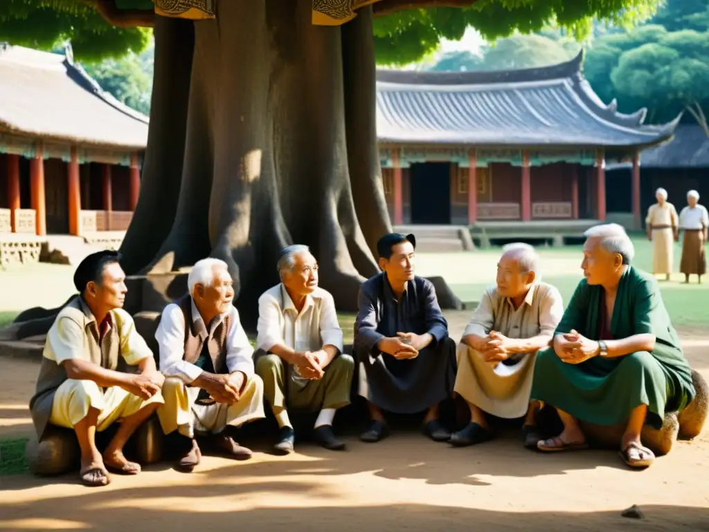 Grupo de ancianos de la comunidad Dong reunidos bajo un árbol, discutiendo con expresiones serias pero determinadas