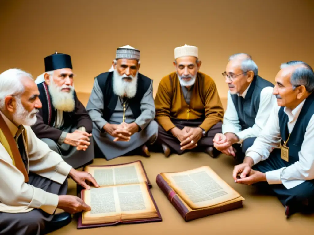 Un grupo de ancianos de una comunidad semita minoritaria preservando su lengua ancestral con manuscritos antiguos