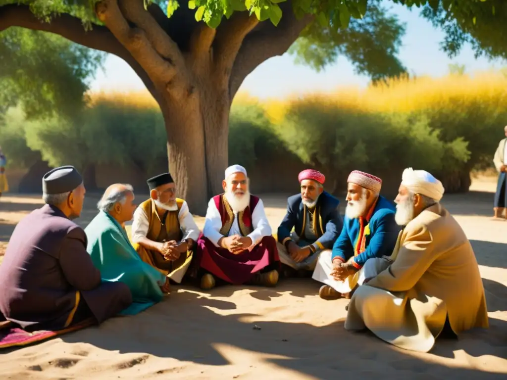 Un grupo de ancianos de una comunidad semítica se reúne bajo un árbol para una sesión tradicional de cuentacuentos