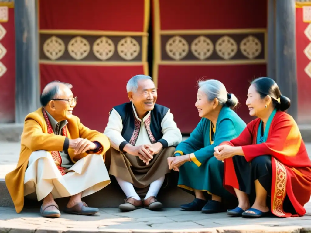 Un grupo de ancianos de una comunidad SinoTibetana conversa con expresividad, transmitiendo riqueza cultural y herencia lingüística