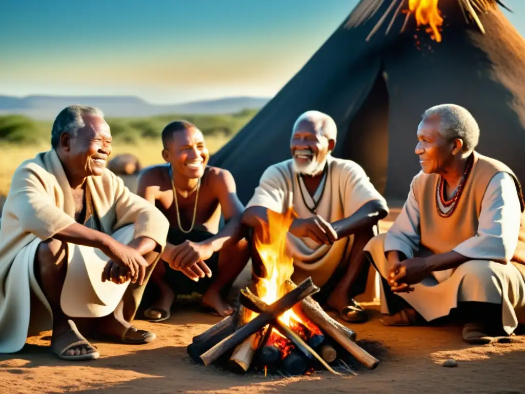 Un grupo de ancianos de las comunidades Xhosa y Zulú conversan animadamente alrededor de una fogata, vistiendo trajes tradicionales