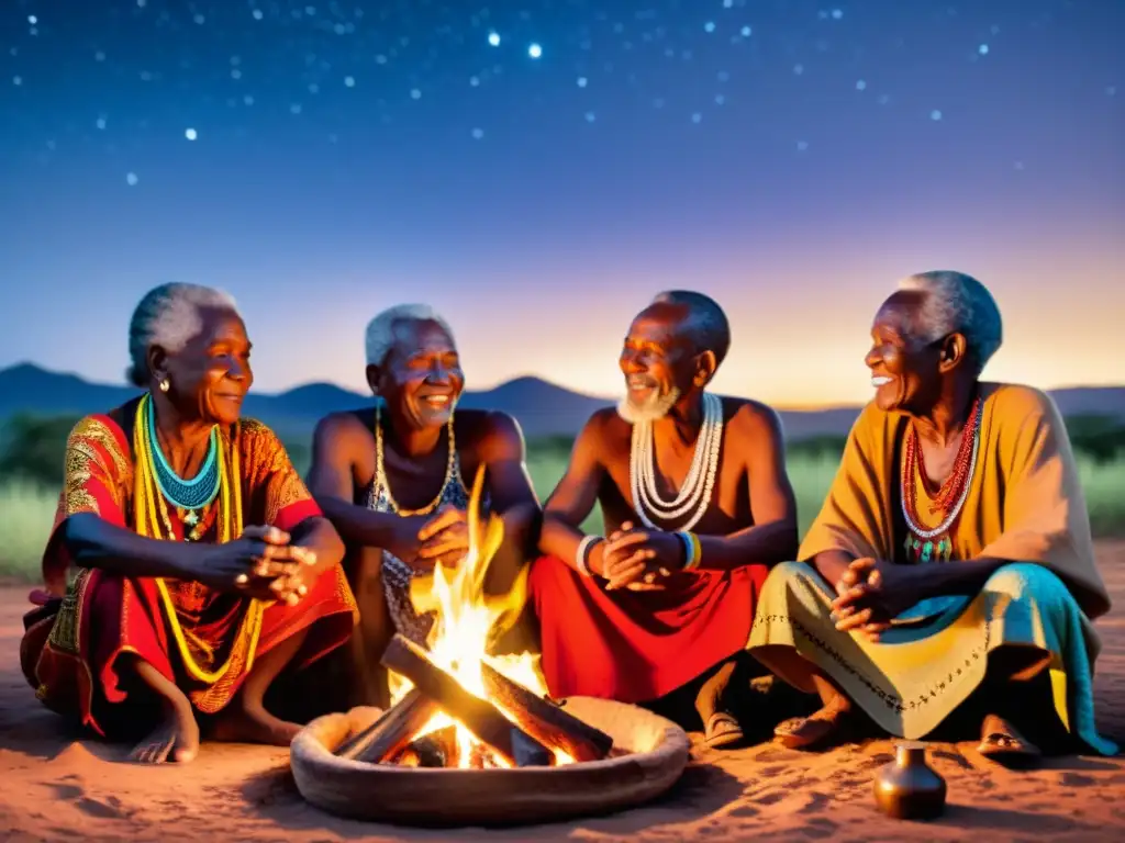 Un grupo de ancianos comparte cuentos orales dialectos bantúes alrededor del fuego, evocando la rica tradición de la narrativa africana