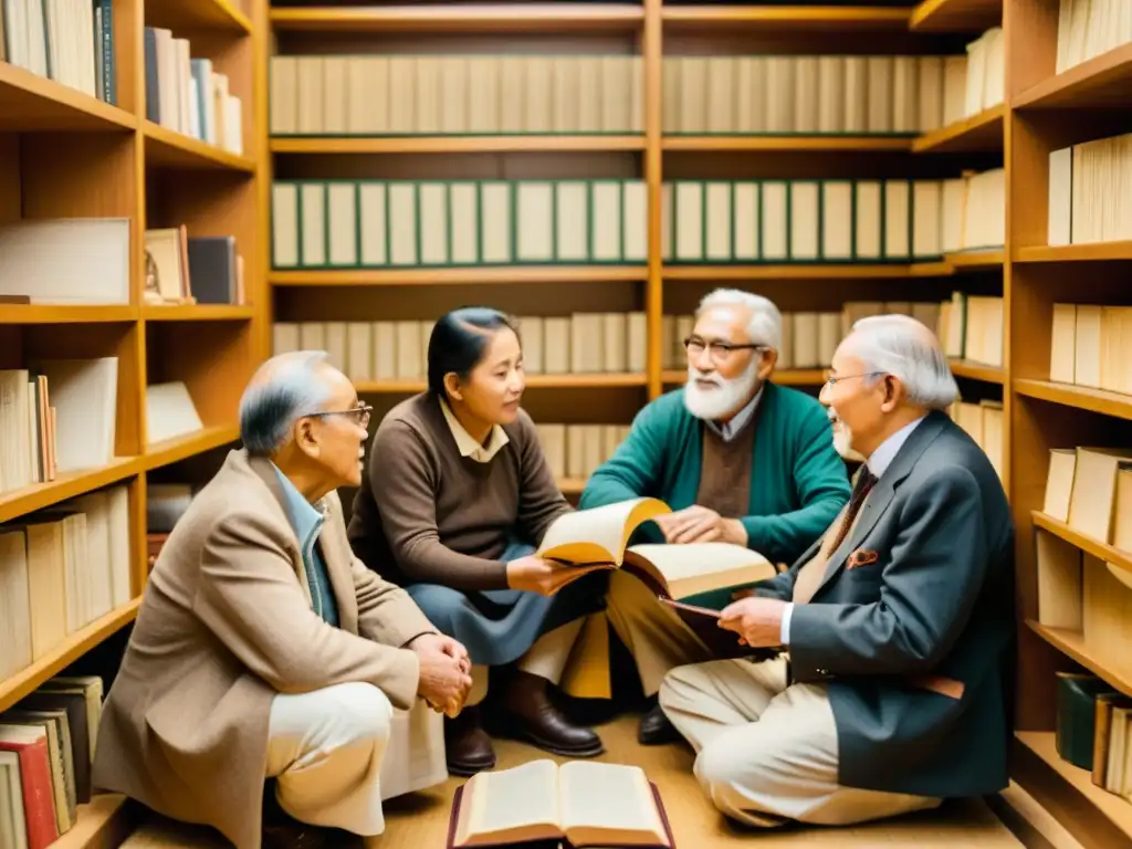 Grupo de ancianos protegiendo dialectos en riesgo con libros antiguos y manuscritos, rodeados de materiales lingüísticos y dispositivos de grabación