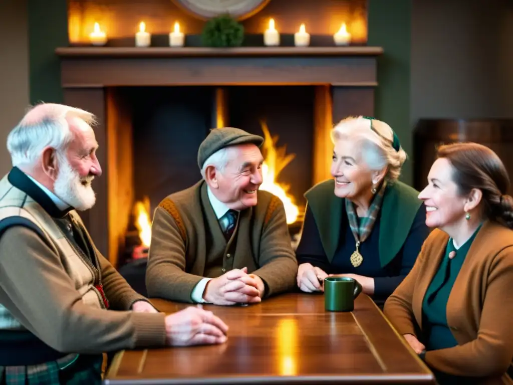 Un grupo de ancianos escoceses conversa animadamente en gaélico alrededor de una mesa, en una habitación cálida iluminada por la luz de una chimenea