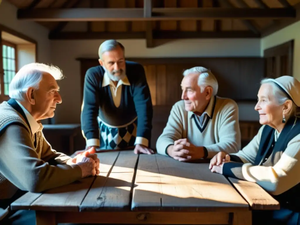 Grupo de ancianos frisones en animada conversación alrededor de una mesa, reflejando la lucha por sobrevivir de esta lengua germánica