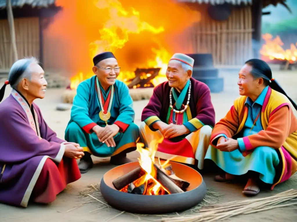 Grupo de ancianos Zhuang comparten historias alrededor del fuego, transmitiendo la sabiduría y preservación del zhuang milenario