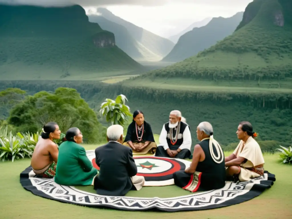 Grupo de ancianos indígenas participando en una ceremonia tradicional, rodeados de montañas verdes