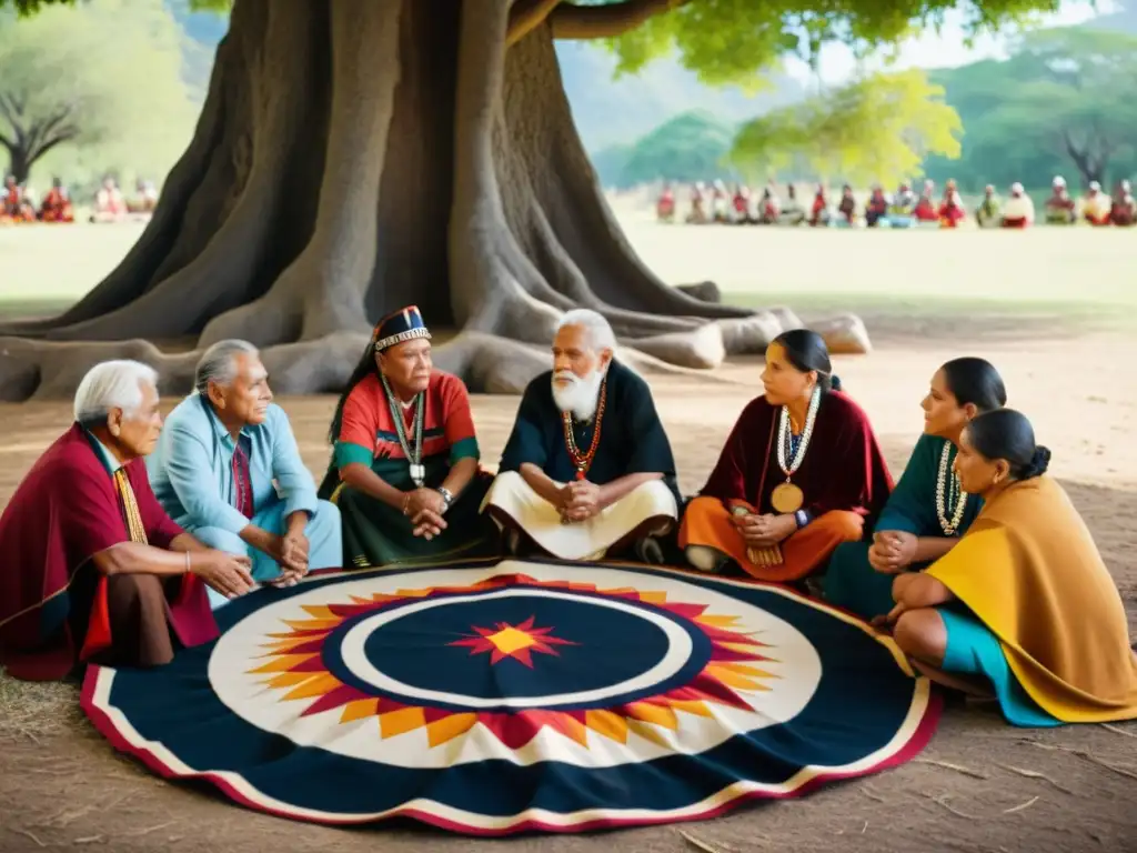 Un grupo de ancianos indígenas realiza una ceremonia de preservación del idioma bajo un árbol