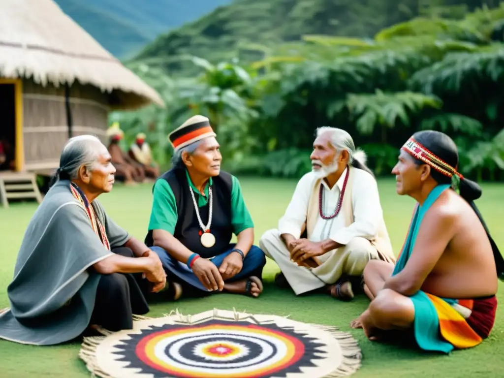 Grupo de ancianos indígenas en círculo, conversando animadamente entre tradicionales chozas y exuberante vegetación